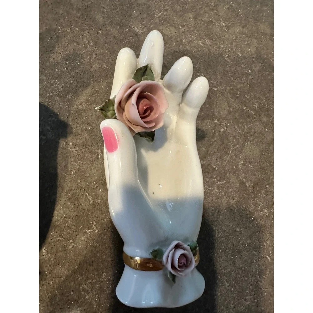 Lefton China Vintage Porcelain Hand Trinket Dish Set Pink Roses Gold Japan 2pc